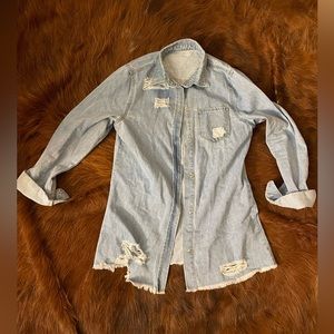 Denim snap button distressed shirt / jacket